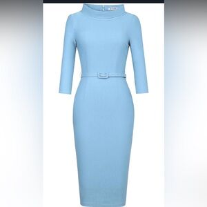 Elegant Blue Sheath Dress with Crew Neck and 3/4 Sleeves